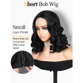 FANCEE Loose Wavy Wigs Bouncy Short Curly Bob Wig with Small Lace Synthetic Shoulder Length Short Wavy Wig for Black Women (Natural Black)