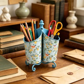 Zokyntrix 360° Rotating Metal Pen Holder for Desk, Cute Floral Bird Desktop Organizer with Dome Roof, Pencil Cup & Remote Control Holder for Home Office (Blue)