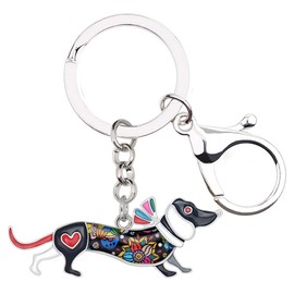 WEVENI Metal Alloy Elegant Hat Dachshund Dog Key Chains Rings Enamel Key Chain Jewellery for Women Girls Bag Car Charms, black