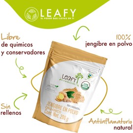 Leafy | Jengibre en Polvo 100% Orgánico y Natural | 200 g | Superalimento para Infusiones, Batidos y Cocina | Sin Aditivos ni Conservantes