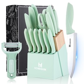 Howashin Knife Set With Block,15Pcs Knives Block Set,High Carbon German Stainless Steel Knife Set With Sharpener,Scissor and Peeler,Green Knife Block Set