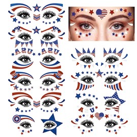 10 Sets 4th of July Temporary Tattoos Stickers Independence Day Face Eye Tattoo Sticker Waterproof Sweatproof American Flag USA Star Patriotic Memorial Day for Adult Kids Make Up Party Parade red