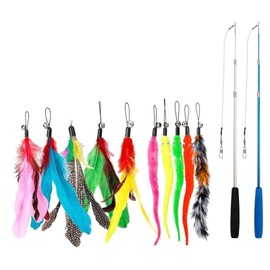 Pack of 12 Cat Toy Feather, Cat Fishing Rod with 2 Pieces Retractable 10 Cat Toy Replacement Feathers, Cat Toy Self-Employment with Feather/Bug/Fish Bell, Interactive Cat Toy