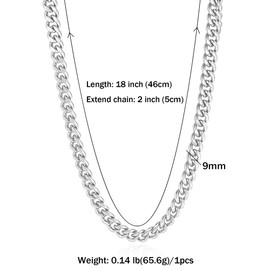 SKENUDY 14K Gold/Silver 316L Waterproof Stainless Steel Necklace for Men, Cuban Chain, W: 8/9/6 mm, L: 18 inches +2, Hypoallergenic Jewellery, Birthday Gifts, Friends, Stainless Steel, No Gemstone