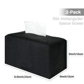 2Pcs Tissue Box Cover, Rectangular with Bottom Belt - PU Leather Tissue Cover Decorative Organizer for Tabletop, Bathroom, Car, Office,9.5X5X5 Inch - Black
