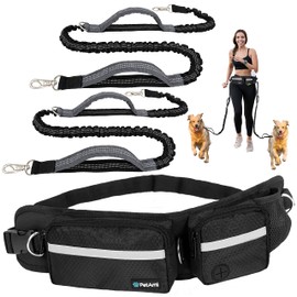 PetAmi Hands Free Dog Leash, Dog Running Leash Belt Bag for Walking, Jogging, Dog Waist Double Zipper Pouch with Poop Bag Dispenser, Dual Padded Handles Reflective Bungee Leash, Double (Black)