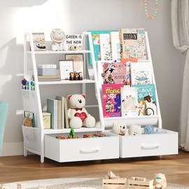 MAHANCRIS Kids Bookshelf and Toy Storage,3-Tier Sling Bookcase with 2 Non-Woven Fabric Drawers,Sturdy Toddler Book Shelf for Nursery,Playroom, Bedroom,Kids Room,White KBWT8401