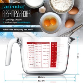 Arendo Measuring Jug Glass 1 Litre - 1000 ml - Measuring Jug Borosilicate Glass - Heat Resistant Glass - Microwave Safe - Precise Scale