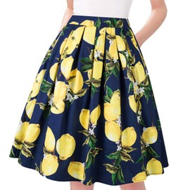 Taydey A-Line Pleated Vintage Skirts for Women (M, Navy Lemon)
