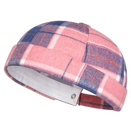 DIYDECAL Striped Plaid Brimless Worker Cap,Retro Skullcap Docker Hat for Men Womens Pink