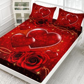 AILONEN Hearts Love Fitted Sheet Set Queen Size,3D Red Rose Bed Sheet Set,Romantic Red Floral Sheet,Hearts Pattern Bed Sheet Set 3 Pieces, 1 Fitted Sheet and 2 Pillowcases