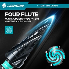 LIBRATON Four Spiral Flute Step Drill Bit, M35 Cobalt Unibit Step Drill Bit Set 1/4"-3/4", AlTiN Coated Step Bits, Four Spiral Flute, 1/4" Hex Shank for Metal, Stainless Steel, Aluminum, Plastic