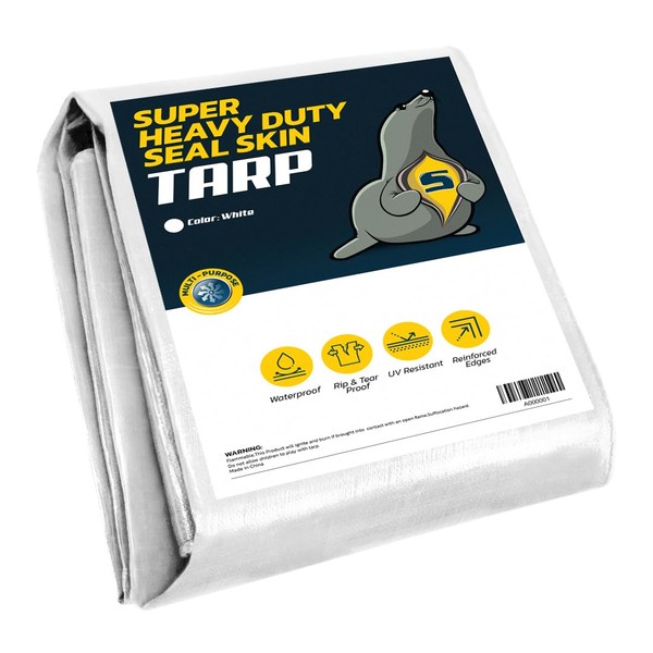 Seal Skin Covers Heavy Duty Poly Tarp 16 mil 8 OZ 160 GSM Multi Purpose Waterproof PE Tarpaulin, Super Heavy Duty Poly Tarps with Grommets & Reinforced Edges (White, 20' X 40' FT)