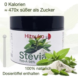 Ultra-konzentriertes Stevia-Pulver | 470x süßer als Zucker | 98% reines RebA-98 | 100g-Dose | Natürlicher kalorienfreier Süßstoff | Ideal für Getränke, Desserts und Kochen