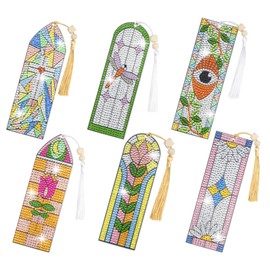 SWATOM 6 PCS 5D Diamond Painting Bookmarks Stained Glass Acrylic Diamond Art Bookmark with DIY Painting Kits Tassels & Wood Beads Pendant Rhinestone Bookmarks