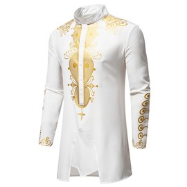 UNINUKOO African Dashiki for Men 2 Piece Sets Traditional Gold Print Shirts and Pants Suit Outfit US Size M B-White
