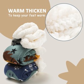 Boys Winter Fuzzy Warm Socks for Girls Home Floor Soft Lined Fluffy Socks with Grips 3 Pack Animals 4-7 Years