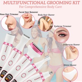 NXPZ 5-in-1 Elektrischer Rasierer für Frauen, Schmerzloser Intimrasierer, Trocken und Nass, für Bikinizone, Achseln, Beine, Augenbrauen und Nase, mit LED Display, USB Aufladung, Tragbar