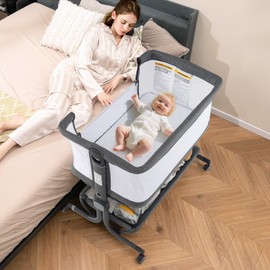 INFANS 3 in 1 Baby Bassinet, Bedside Sleeper with Comfy Mattress, Wheels, 6 Height Adjustable, Storage Basket, Travel Bag, Portable All Mesh Crib for Newborn Infant (Dark Grey)