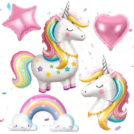 ESAG 6Pcs Rainbow Unicorn Balloons Unicorn Birthday Decorations for Girls Party Supplies, Customized Self Standing Large Rainbow Star Heart Foil Balloons, Kid Girls Birthday Party Decorations Supplies