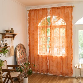Lavyhuno Burnt Orange Lace Curtains 84 Inches Long for Bedroom Living Room, Boho Sheer Pair Ruffled Rustic Farmhouse Vintage Florals Embroiderd Rod Pocket Window Treatments 2 Panels, W57 x L84
