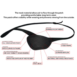 Eye Patch, Mesh, Aero, See Through, Black, Concave, Breathable Fabric, Adult Size, Kydex Frame, Full Grain Leather Strap, Adjustable, Crenshaw style. (Left Mesh)