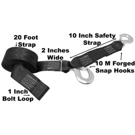 CustomTieDowns 2 Inch Wide Replacement Boat Winch Strap, Boat Hook On One End, 10 Inch Safety Strap with A Forged Snap Hook, 1 Inch Loop On Opposite End for Attachment to Winch. (20 Ft)