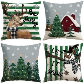 OTOSTAR Set of 4 Grey Christmas Throw Pillow Covers 18x18 Inch Winter Xmas Decorative Pillow Case Cover for Sofa Living Room Holiday Decor (Green- Snowman and Elk)