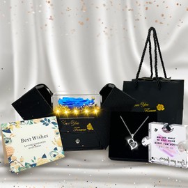 Megapuxin Preserved Real Rose-Eternal Flowers Rose Mothers Day for Mom Women Her Wife Girlfriend on Birthday Valentines with I Love You Necklace 100 Languages Romantic Gift (Light Blue)