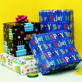 BOLIANNE BOLIANNE Birthday Wrapping Paper - Gift Wrapping Paper for Boys Girls Kids Men Women with Happy Birthday, Cakes, 6 Large Sheets Gift Wrap for Baby Shower, Folded Flat, 27 X 37 Inch