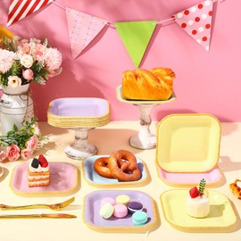 Tiangrid 120 Pcs Pastel Colorful Paper Plates 7 Inch Gradient Disposable Square Dessert Party Plates with Gold Edge for Birthday Wedding Bridal Baby Shower Party Supplies, 6 Colors