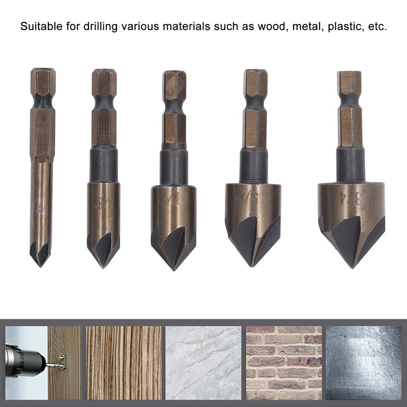 5 Pcs Countersink Drill Bit 1/4in 3/8in 1/2in 5/8in 3/4in