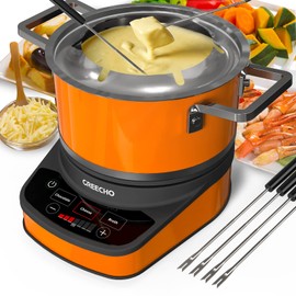 GREECHO Fondue Pot Electric Set, 2.6 Qt Stainless Steel Electric Fondue Pot with 3 Preset Mode (Cheese, Chocolate & Broth), 1200W Fondue Pot Set with Separated Fondue Pot & 6 Color-Coded Forks, Orange