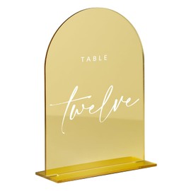 Letrero acrílico con espejo dorado de 5 x 7 pulgadas con soporte, paquete de 10 letreros acrílicos con base para bricolaje arqueados de boda, señalización de boda, números de mesa de boda