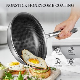 12 inch Tri-Ply Stainless Steel Frying Pan Nonstick Stainless Steel Frying Pan With Lid Large Honeycomb Coatings Cooking Pan Skillet Woks Pan Non Toxic Healthy Omelette Pan Compatible W/All Cooktops