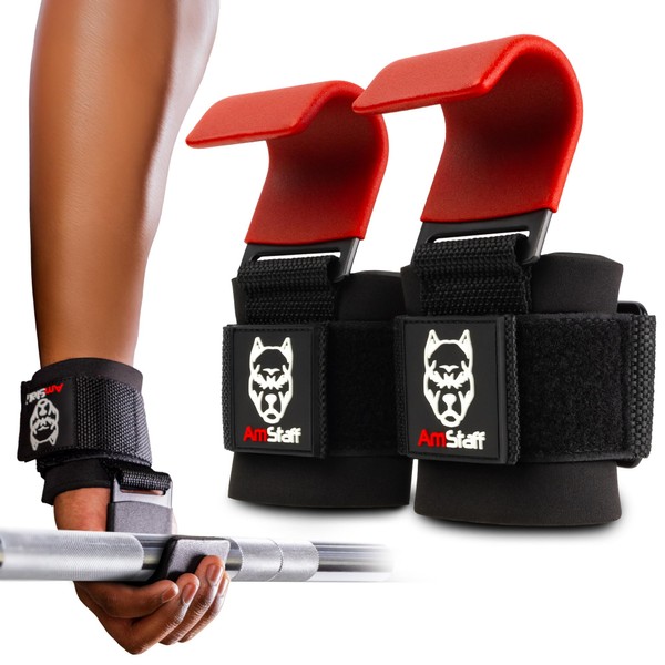 AmStaff Fitness Weight Lifting Hooks (Pair, Red) - Gym Wrist