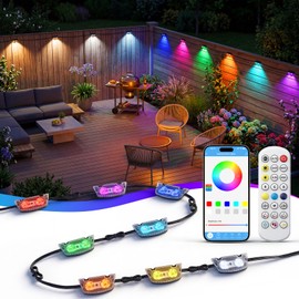 Outdoor Deck Lights, RGBCW Smart Fence Lights with 2700K-6500K Dimmable White,IP67 Plug in Outdoor Lights for Patio, App&Remote Controlled LED String Lights for Party Garden Yard , 8 Packs 49.2ft