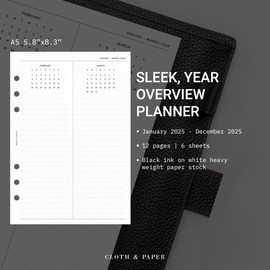 Cloth & Paper 2026 Year Overview Planner Inserts| A5 Size 5.8 x 8.3 Inches | 6 Hole Punched Planner Refills | Monthly + Quarterly Planning | Goals, Notes, Mini Calendars | Thick Heavyweight Paper