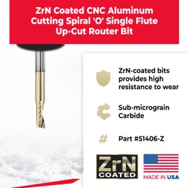 Amana Tool CNC Solid Carbide Spiral O Flute Up-Cut, Aluminum Cutting Router Bit, ZrN Coated, 51406-Z, 1/8 D x 5/16 CH x 1/8 SHK x 1-1/2 Inch L