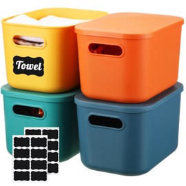 Tanlade 4 Pcs Plastic Storage Bins Stackable Baskets with Lid and Handle Colorful Desktop Storage Box Cubby Containers for Shelf Bedroom Office, Include 1 Erasable Marker, 16 Stickers(10 x 7 x 6 in)
