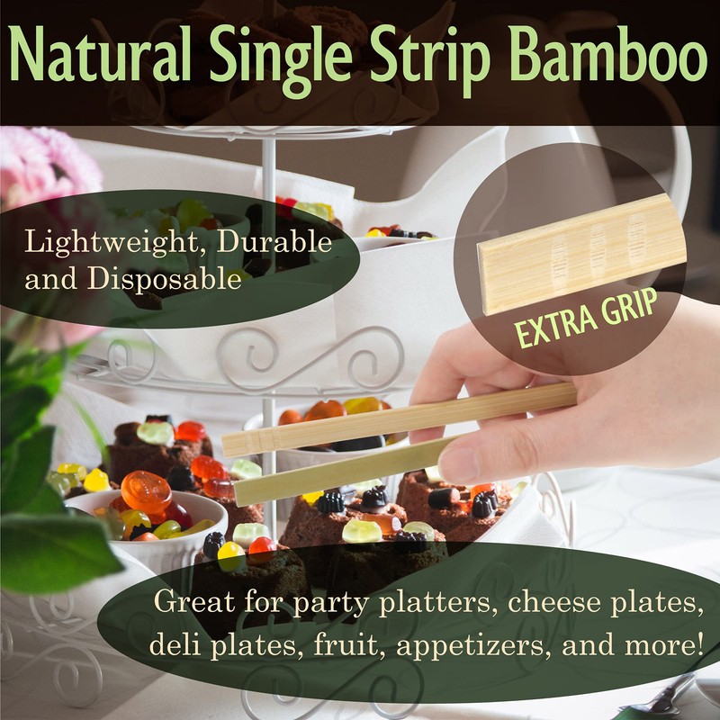 BambooMN 3.9" Mini Bamboo Disposable Tongs - Toast Tongs -