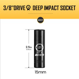BOEN 3/8" Drive Deep Impact Sockets, Premium Impact Socket, 15mm Socket, Metric, 6 Point,Cr-V Steel with Laser Marking - Strong and Durable