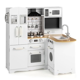 OLAKIDS Kids Corner Kitchen Playset, Wooden Play Kitchen for Toddlers with Telephone Microwave Refrigerator Water Dispenser Range Hood Oven Cookware, Pretend Play Toys Cooking Gift for Boys Girls