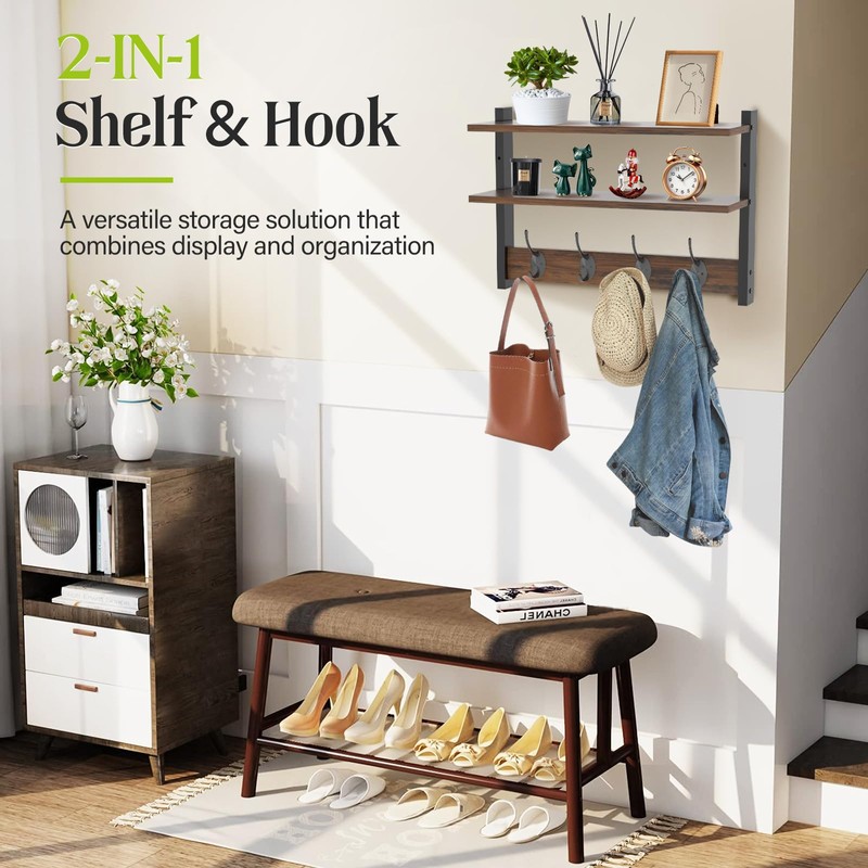 Orapoke Two-Tier Wall Shelf with Hooks, 17" Coat Rack Wall