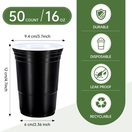 Preocea 50 Pack Black Party Cups, 16 oz Disposable Plastic Cups, Beverage Drinking Cup, Disposable Black Cup for Party Picnics Birthday Indoor Outdoor Events