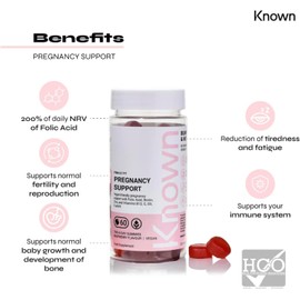 Known Pregnancy Support Multivitamin Gummies - 400µg Folic Acid - for Maternal Health - Natural Raspberry Flavour - 60 Vegan Gummies, 1 Month Supply