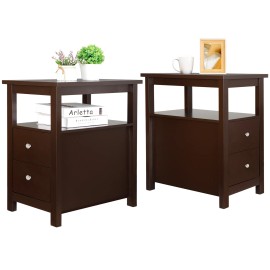 SEGAWE 2 PCS Living Room End Table Sofa Side Table with 2 Drawers and Shelf Brown