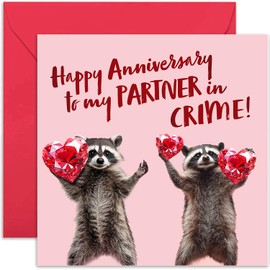 Fun Anniversary Cards for Wife - Partner in Crime Raccoon Design - Wedding Anniversary Greeting Cards for Husband - Humorous Gift for Him or Her - Boyfriend Girlfriend Cards