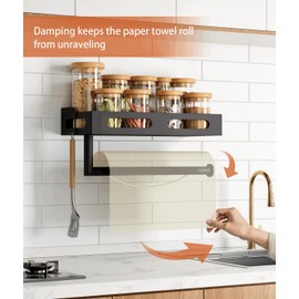 Paper Towel Holder Wall Mount for Kitchen, One-Handed Tear, Bathroom Paper Towel Holder with Shelf, RV Paper Towel Rack Wall Mount Paper Roll Holder with 4 Hooks, Matte Black