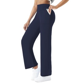 FireSwan Wide Leg Yoga Pants Women Stretch Dress Lounge Pants with Pockets High Waisted Loose Casual Trousers Navy Blue